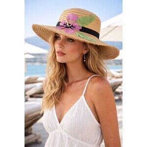 Orchid Row Wide Brim Straw Hat Raffia Embroidered Floral Boater Resort Beach NWT
